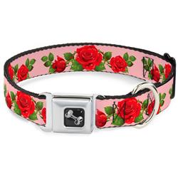 Dog Bone Black/Silver Seatbelt Buckle Collar - Rose Trio/Leaves Pink
