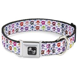 Dog Bone Black/Silver Seatbelt Buckle Collar - Skull & Fleur-de-Lis White/Multi Color