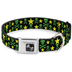 Dog Bone Black/Silver Seatbelt Buckle Collar - Skulls & Stars Black/Green/Yellow