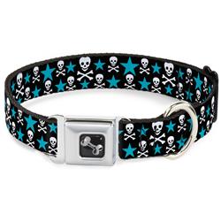 Dog Bone Black/Silver Seatbelt Buckle Collar - Skulls & Stars Black/White/Blue