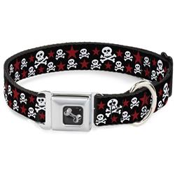 Dog Bone Black/Silver Seatbelt Buckle Collar - Skulls & Stars Black/White/Red