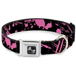 Dog Bone Black/Silver Seatbelt Buckle Collar - Splatter Black/Pink