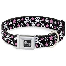 Dog Bone Black/Silver Seatbelt Buckle Collar - Skulls & Stars Black/White/Pink
