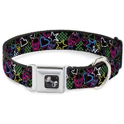 Dog Bone Black/Silver Seatbelt Buckle Collar - Sketch Skull/Star/Heart/Checker Black/Multi Color