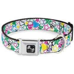 Dog Bone Black/Silver Seatbelt Buckle Collar - Sketch Skull/Star/Heart White/Multi Color