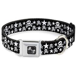 Dog Bone Black/Silver Seatbelt Buckle Collar - Skulls & Stars Black/White