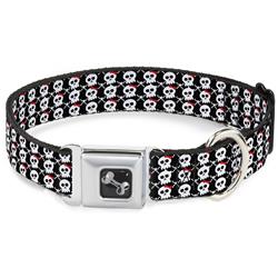 Dog Bone Black/Silver Seatbelt Buckle Collar - Skull w/Bow Black/White/Red