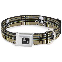 Dog Bone Black/Silver Seatbelt Buckle Collar - Skull & Cross Bones Plaid Tan