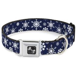 Dog Bone Black/Silver Seatbelt Buckle Collar - Snowflakes Blue/White