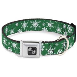 Dog Bone Black/Silver Seatbelt Buckle Collar - Snowflakes Green/White
