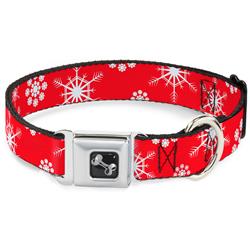 Dog Bone Black/Silver Seatbelt Buckle Collar - Snowflakes Red/White