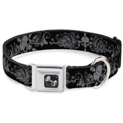 Dog Bone Black/Silver Seatbelt Buckle Collar - Skull & Dagger w/Filigree Black/Gray