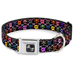 Dog Bone Black/Silver Seatbelt Buckle Collar - Skull & Fleur-de-Lis Black/Multi Color