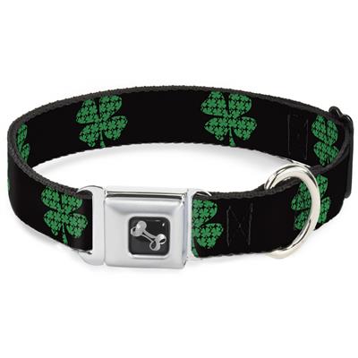 Dog Bone Black/Silver Seatbelt Buckle Collar - St. Pat's Black/Clovers
