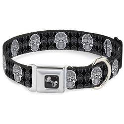 Dog Bone Black/Silver Seatbelt Buckle Collar - Skull Candy Black/Gray/White
