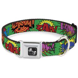 Dog Bone Black/Silver Seatbelt Buckle Collar - Sound Effects Green/Multi Color