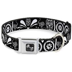 Dog Bone Black/Silver Seatbelt Buckle Collar - Sugar Skulls Black/White