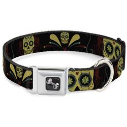 Dog Bone Black/Silver Seatbelt Buckle Collar - Sugar Skulls Black/Olive/Burgundy
