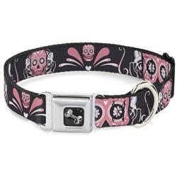 Dog Bone Black/Silver Seatbelt Buckle Collar - Sugar Skulls Gray/Pink