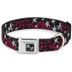 Dog Bone Black/Silver Seatbelt Buckle Collar - Sketch Stars w/Checkers Black/Fuchsia/White