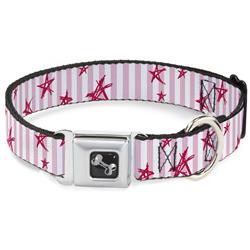 Dog Bone Black/Silver Seatbelt Buckle Collar - Sketch Stars w/Stripes Pink/White/Fuchsia