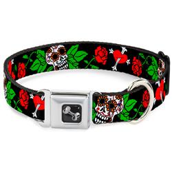Dog Bone Black/Silver Seatbelt Buckle Collar - Sugar Skull w/Roses & Heart