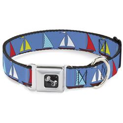 Dog Bone Black/Silver Seatbelt Buckle Collar - Sailboats Blue