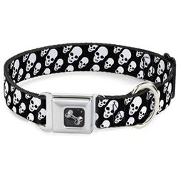 Dog Bone Black/Silver Seatbelt Buckle Collar - Tilted Skulls Black/White