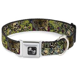 Dog Bone Black/Silver Seatbelt Buckle Collar - Trust No One CLOSE-UP Yellow/Green/Blue-S