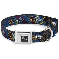 Dog Bone Black/Silver Seatbelt Buckle Collar - Truth and Justice CLOSE-UP Blue