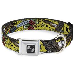 Dog Bone Black/Silver Seatbelt Buckle Collar - Truth and Justice CLOSE-UP Yellow