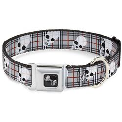 Dog Bone Black/Silver Seatbelt Buckle Collar - Tilted Skulls Plaid Gray