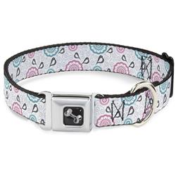 Dog Bone Black/Silver Seatbelt Buckle Collar - Bird Tapestry White/Gray/Turquoise/Pink