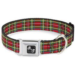 Dog Bone Black/Silver Seatbelt Buckle Collar - Tartan Plaid Red/Green