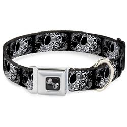 Dog Bone Black/Silver Seatbelt Buckle Collar - Tattoo Skull Floral Black/White