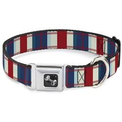 Dog Bone Black/Silver Seatbelt Buckle Collar - Tartan Plaid Khaki/Blues/Red