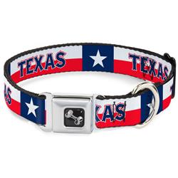 Dog Bone Black/Silver Seatbelt Buckle Collar - Texas Flag/TEXAS