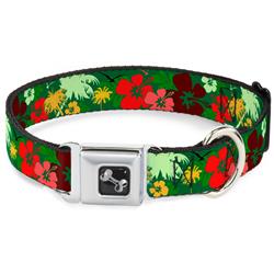 Dog Bone Black/Silver Seatbelt Buckle Collar - Tropical Flora Greens/Reds/Gold