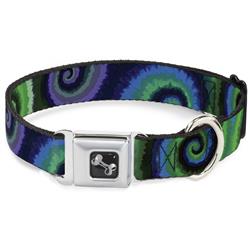 Dog Bone Black/Silver Seatbelt Buckle Collar - Tie Dye Swirl Green/Blue/Purple