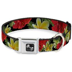 Dog Bone Black/Silver Seatbelt Buckle Collar - Tropical Floral Collage Black/Red/Orange