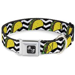 Dog Bone Black/Silver Seatbelt Buckle Collar - Taco/Chevron Black/White