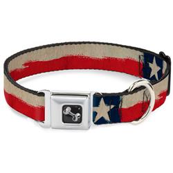 Dog Bone Black/Silver Seatbelt Buckle Collar - Texas Flag CLOSE-UP Distressed Painting