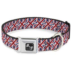 Dog Bone Black/Silver Seatbelt Buckle Collar - United Kingdom Flags Diagonal