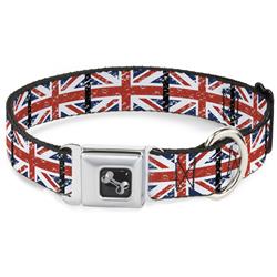 Dog Bone Black/Silver Seatbelt Buckle Collar - United Kingdom Flags Weathered