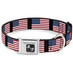 Dog Bone Black/Silver Seatbelt Buckle Collar - United States Flags