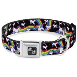 Dog Bone Black/Silver Seatbelt Buckle Collar - Unicorns/Rainbow Swirl Black