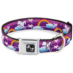 Dog Bone Black/Silver Seatbelt Buckle Collar - Unicorns/Rainbows w/Stripes Purple