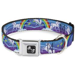Dog Bone Black/Silver Seatbelt Buckle Collar - Unicorns/Rainbows/Stars Blue/Rainbow/White