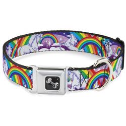 Dog Bone Black/Silver Seatbelt Buckle Collar - Unicorns in Rainbows w/Sparkles/Purple