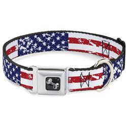 Dog Bone Black/Silver Seatbelt Buckle Collar - United States Flags CLOSE-UP Weathered